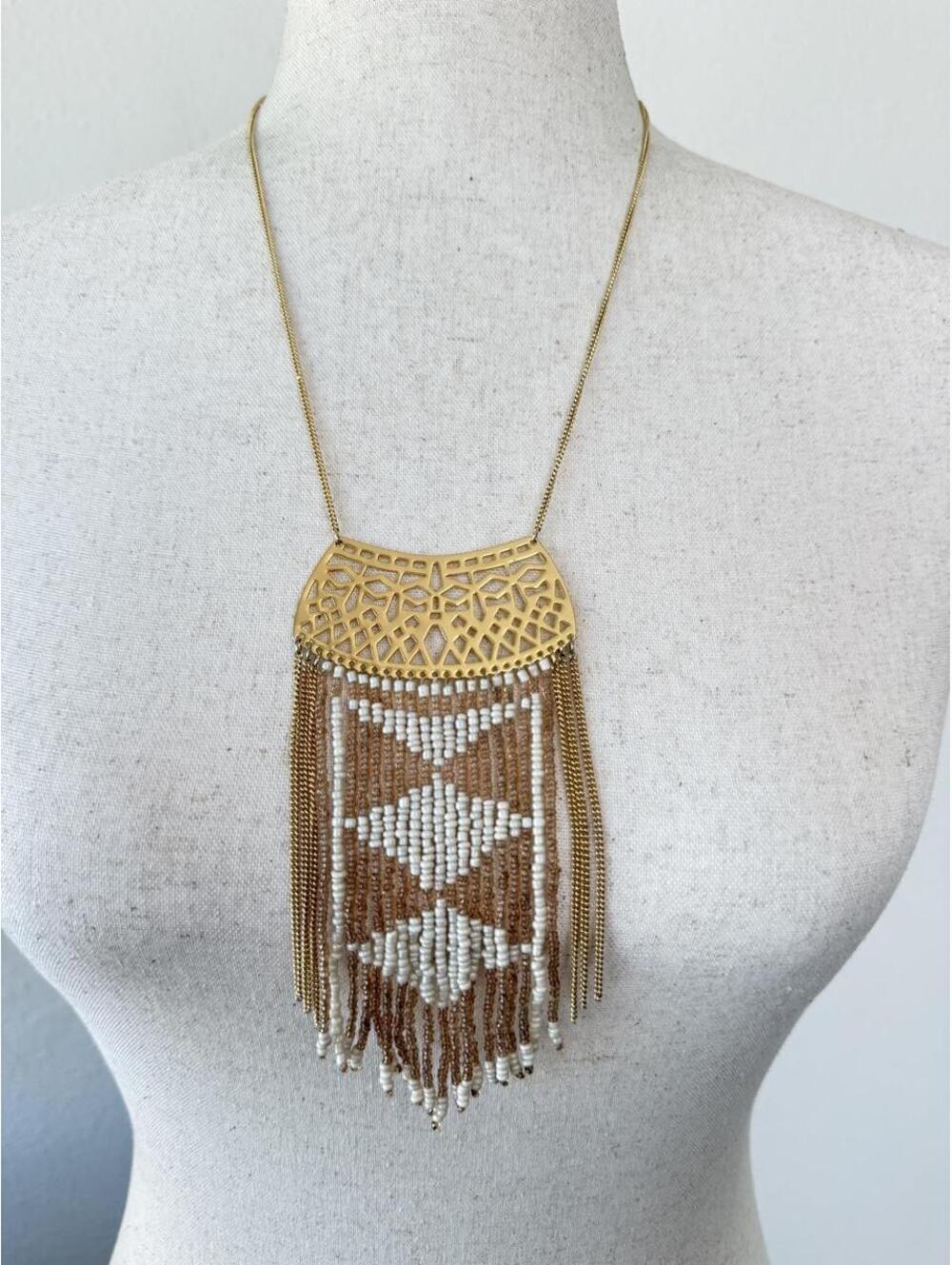 Vintage Beaded Fringe Statement Necklace | Boho Goddess Energy | Gold Tone